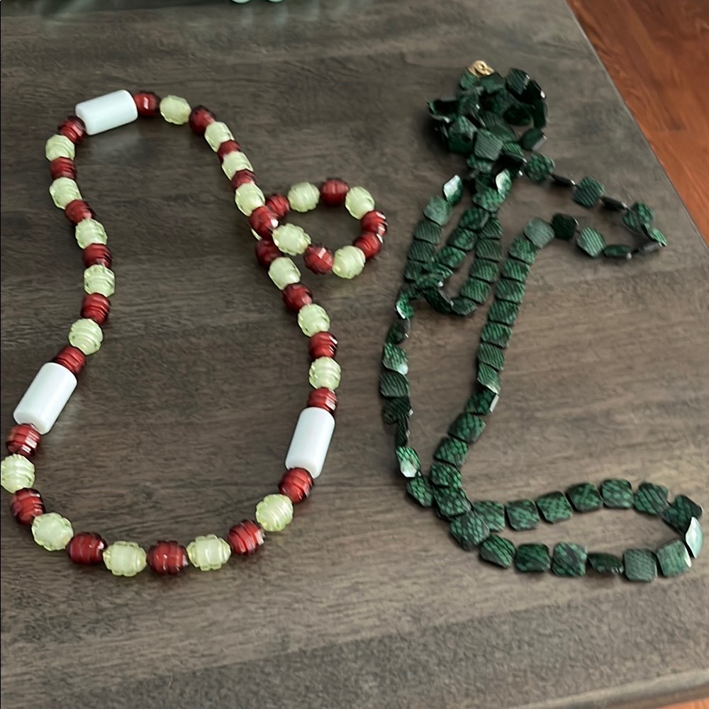 Beaded Necklace Duo in Red, Pale Yellow & Dark Green